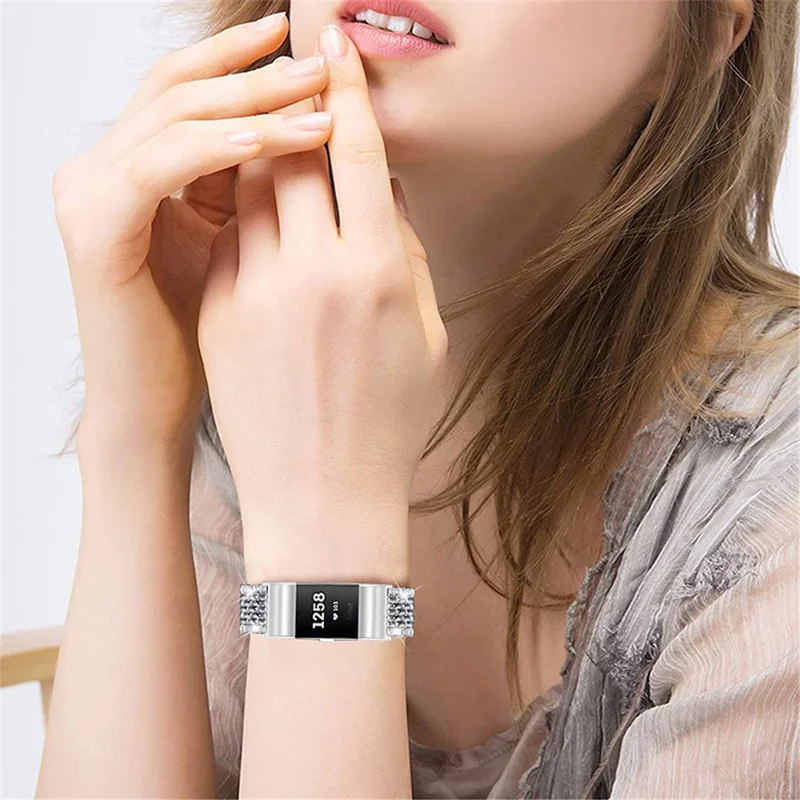 2 Rows Fashionable Rhinestones Decor Replacement Metal Watchband Wrist Strap for Fitbit Charge 2/Charge 2 HR - Silver