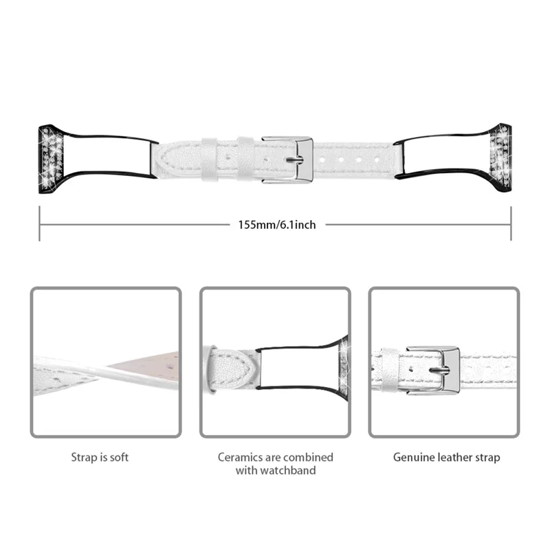 Rhinestones Decor Ceramic+Genuine Leather Watchband Wrist Strap for Garmin Vivoactive 4 - White