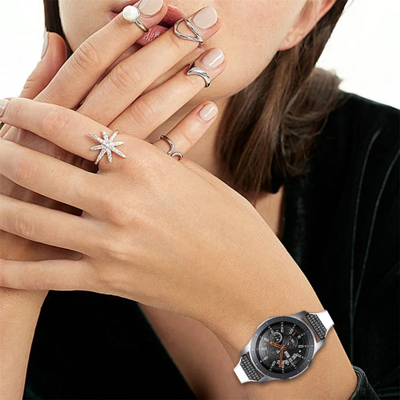 Rhinestones Decor Ceramic+Genuine Leather Watchband Wrist Strap for Garmin Vivoactive 4 - White