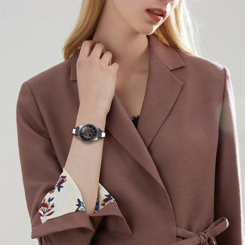 Rhinestones Decor Ceramic+Genuine Leather Watchband Wrist Strap for Garmin Vivoactive 4 - White