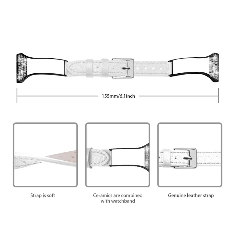 Stylish Rhinestones Decor Ceramic+Cowhide Leather Watch Strap for Fossil Gen 5 Garlyle HR - White