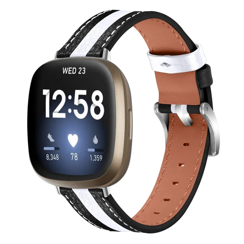 Para Fitbit Versa 3/Sense Splicing Design Wrist Strap Top Layer Cowhide Leather Replacement Watch Band - Preto/Branco