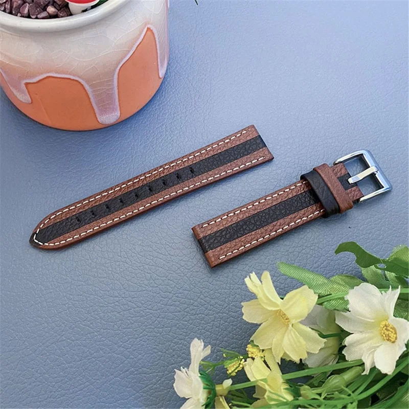 20mm Wrist Strap for Withing Steel Men Style Smart Watch Color Splicing Design Adjustable Cowhide Leather Band - Brown/Black