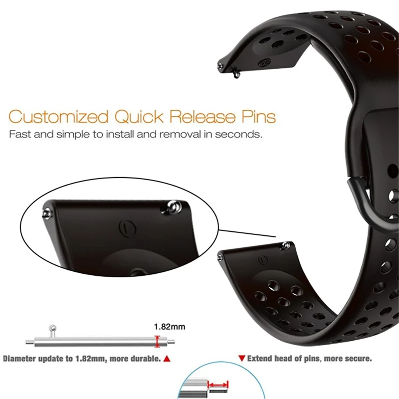 20mm Universal Round Holes Breathable Silicone Smart Watch Strap Replacement Wrist Band - Black