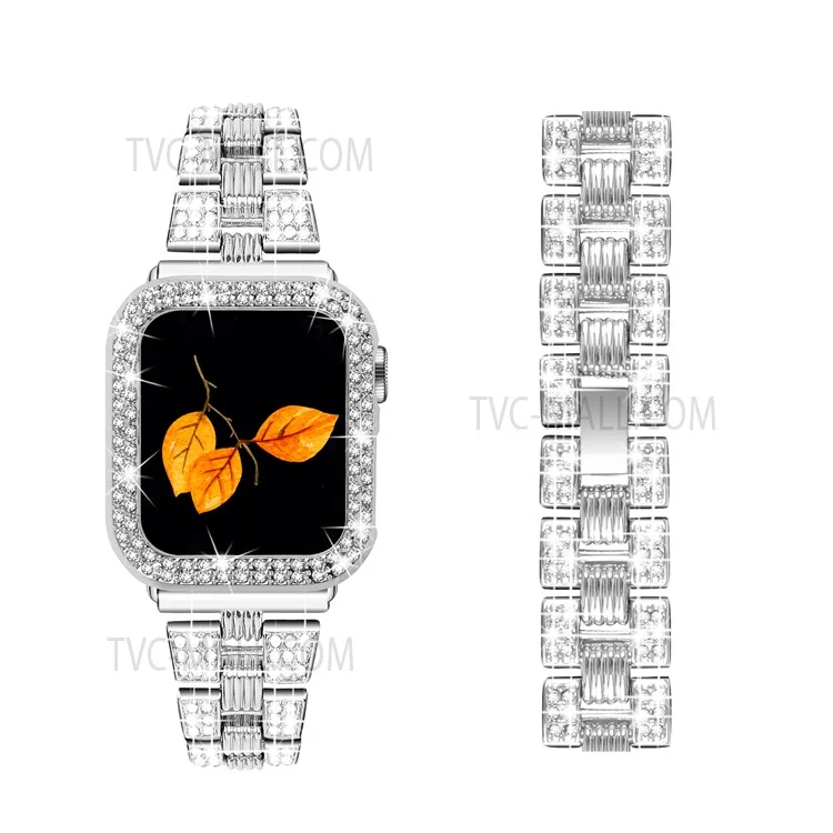 Para Apple Watch Series 6 / 5 / 4 / SE / SE(2022) 40mm Pulseira de Aço Inoxidável com Strass + Capa Protetora de PC Anti-Arranhões - Prata / Prata