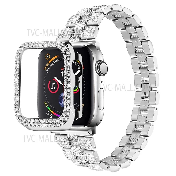 Para Apple Watch Series 6 / 5 / 4 / SE / SE(2022) 40mm Pulseira de Aço Inoxidável com Strass + Capa Protetora de PC Anti-Arranhões - Prata / Prata