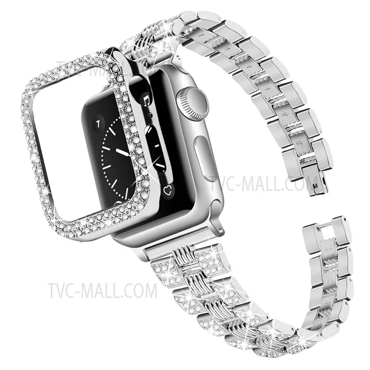 Para Apple Watch Series 6 / 5 / 4 / SE / SE(2022) 40mm Pulseira de Aço Inoxidável com Strass + Capa Protetora de PC Anti-Arranhões - Prata / Prata