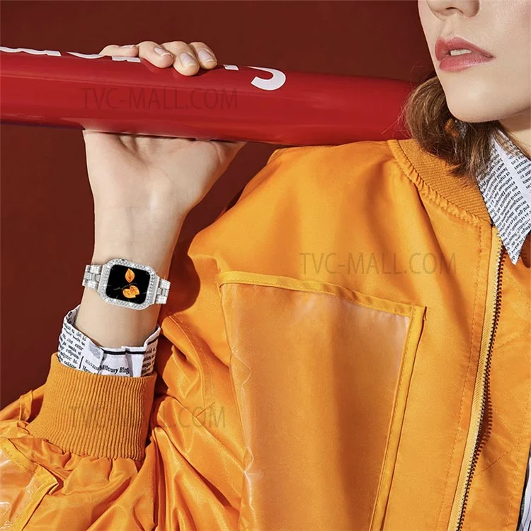 Para Apple Watch Series 6 / 5 / 4 / SE / SE(2022) 40mm Pulseira de Aço Inoxidável com Strass + Capa Protetora de PC Anti-Arranhões - Prata / Prata