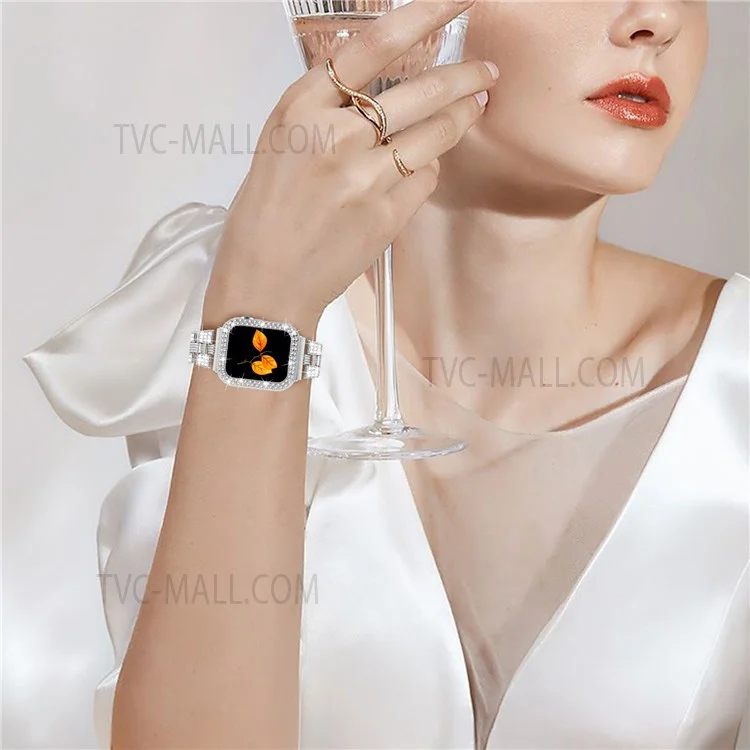Para Apple Watch Series 6 / 5 / 4 / SE / SE(2022) 40mm Pulseira de Aço Inoxidável com Strass + Capa Protetora de PC Anti-Arranhões - Prata / Prata