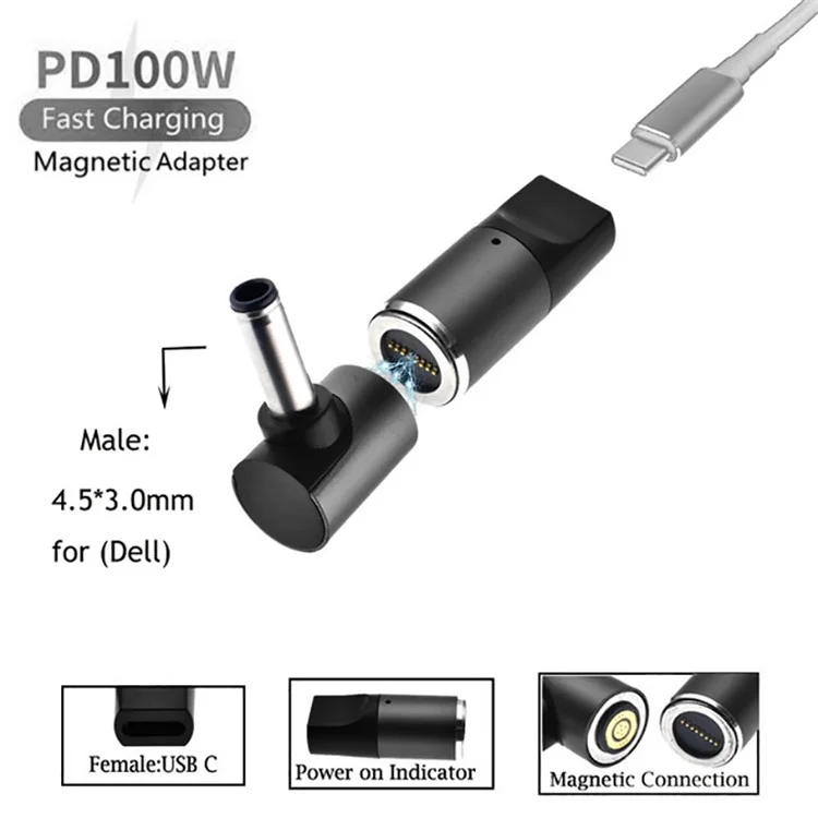 Магнитный зарядный адаптер 100 Вт для ноутбуков Dell D Series Type-C Female to 4.5mmx3.0mm Male PD Fast Charging Converter