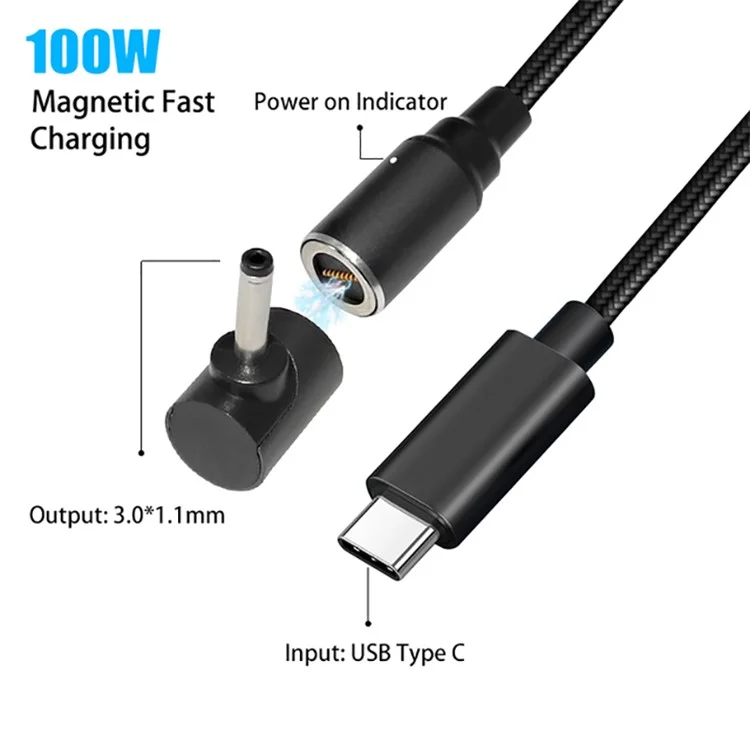 USB-C to 3.0x1.1mm for Acer/Asus/LG/Samsung Laptop, 1.8m PD 100W Fast Charging Notebook Adapter Metal 8-pin Connector Magnetic Absorption Bending-Resistant DC Cable