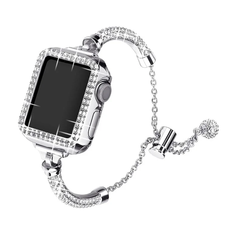 Für Apple Watch Se / Serie 4/5/6 44mm Langlebige Armband Metall Strass Dekor Modische Uhrband + Hohl Out PC Uhr Case - Silber-