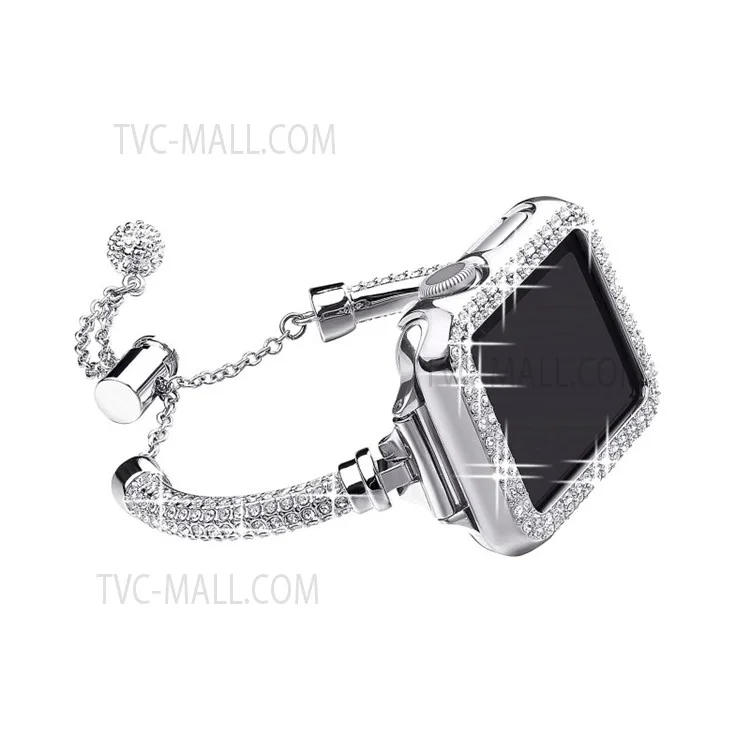For Apple Watch Series 7 45mm Bracelet Metal Rhinestone Decor Elegant Smart Watch Band + Hollow Out PC Watch Cover Case - Silver