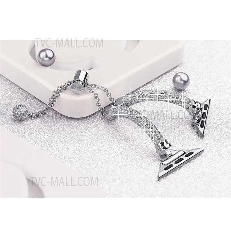 For Apple Watch Series 7 45mm Bracelet Metal Rhinestone Decor Elegant Smart Watch Band + Hollow Out PC Watch Cover Case - Silver