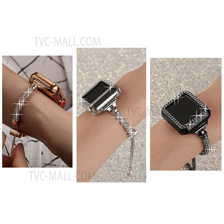 For Apple Watch Series 7 45mm Bracelet Metal Rhinestone Decor Elegant Smart Watch Band + Hollow Out PC Watch Cover Case - Silver