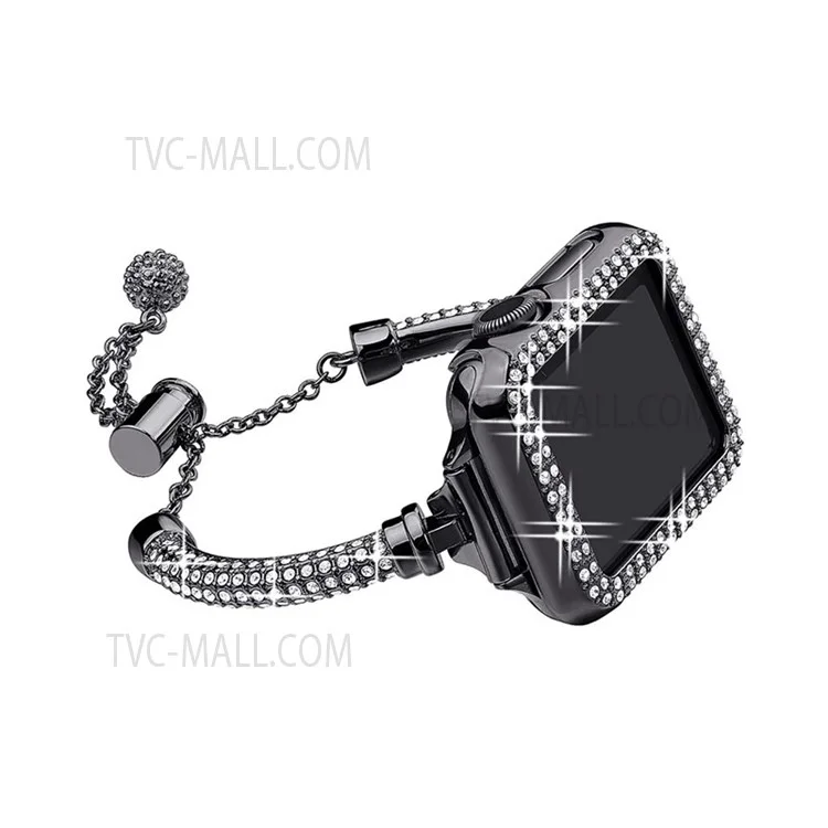 Pour Apple Watch Series 7 45mm Bracelet Métal Brillant Décor Strass Montre Intelligente Bande + Boîtier de Montre PC Ajouré - Noir