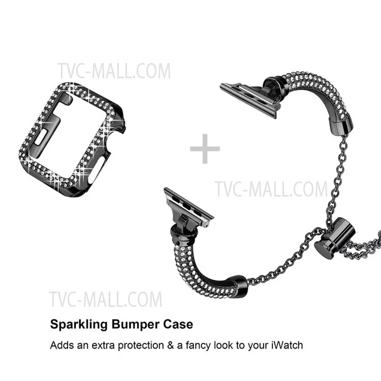 Pour Apple Watch Series 7 45mm Bracelet Métal Brillant Décor Strass Montre Intelligente Bande + Boîtier de Montre PC Ajouré - Noir