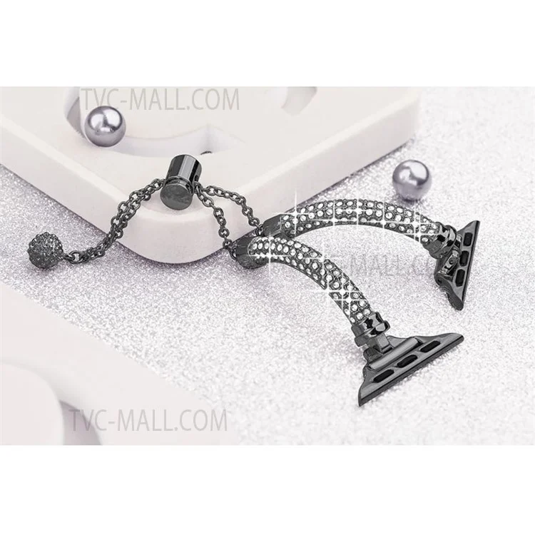 Pour Apple Watch Series 7 45mm Bracelet Métal Brillant Décor Strass Montre Intelligente Bande + Boîtier de Montre PC Ajouré - Noir