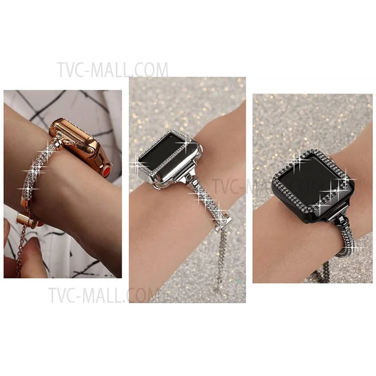 Pour Apple Watch Series 7 45mm Bracelet Métal Brillant Décor Strass Montre Intelligente Bande + Boîtier de Montre PC Ajouré - Noir