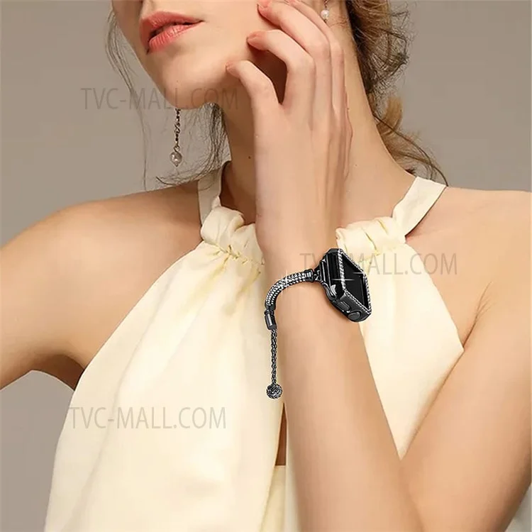 Pour Apple Watch Series 7 45mm Bracelet Métal Brillant Décor Strass Montre Intelligente Bande + Boîtier de Montre PC Ajouré - Noir
