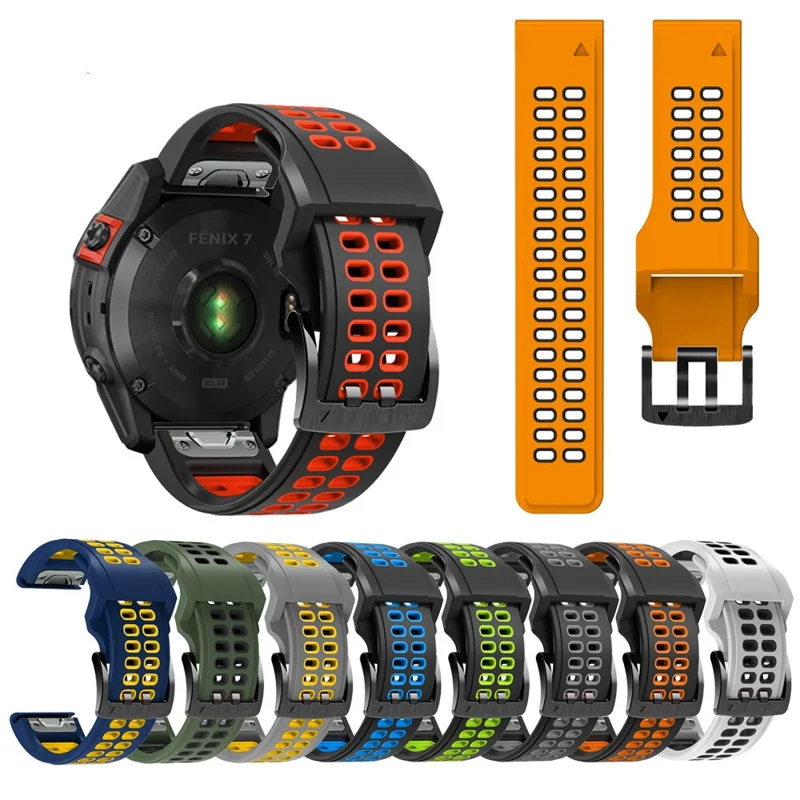For Garmin Fenix 7/Epix Two Rows Holes Dual-color Quick Release Silicone Watch Band Wrist Strap 22mm - Black/Grey