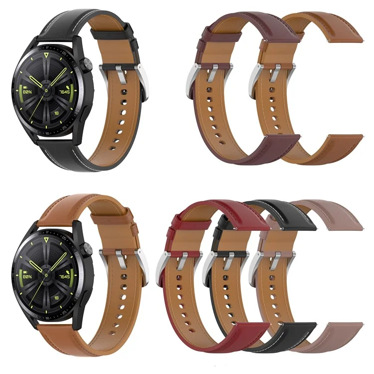 Für Huawei Watch GT/Samsung Gear S3/Galaxy Watch 46mm Smartwatch-Armband 22mm Universal Stitching Line First Layer Cowhide Solid Color Strap - Schwarz