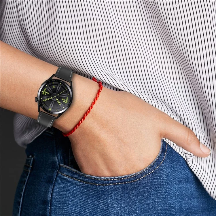 Für Huawei Watch GT/Samsung Gear S3/Galaxy Watch 46mm Smartwatch-Armband 22mm Universal Stitching Line First Layer Cowhide Solid Color Strap - Schwarz