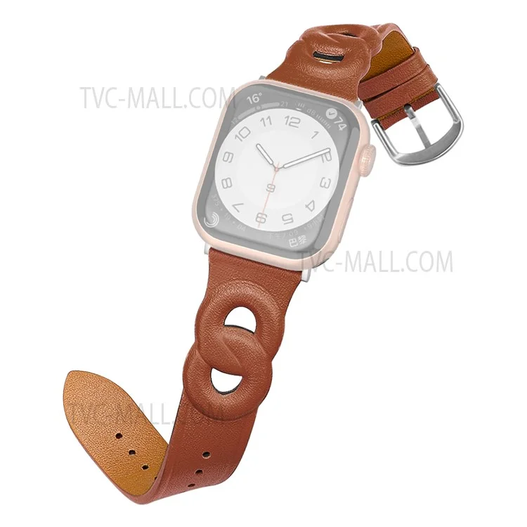 Pour Apple Watch Series 10 46mm / Ultra 2 Ultra 49mm / 9 8 7 45mm / SE (2023) SE (2022) SE 6 5 4 44mm / 3 2 1 42mm  Dual Ring Design Genuine Leather Smart Watch Band Replacement Strap - Marron