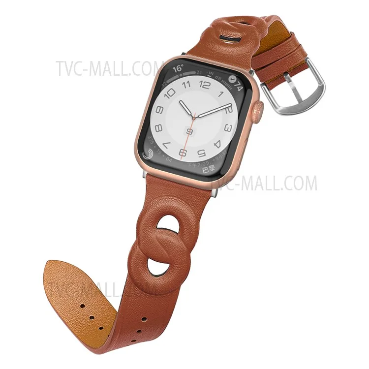 Pour Apple Watch Series 10 46mm / Ultra 2 Ultra 49mm / 9 8 7 45mm / SE (2023) SE (2022) SE 6 5 4 44mm / 3 2 1 42mm  Dual Ring Design Genuine Leather Smart Watch Band Replacement Strap - Marron