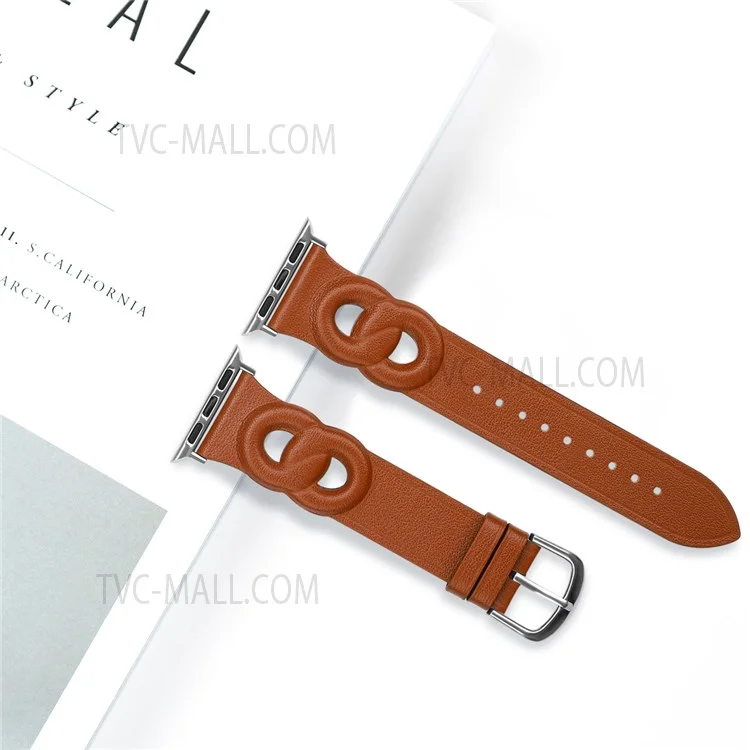 Pour Apple Watch Series 10 46mm / Ultra 2 Ultra 49mm / 9 8 7 45mm / SE (2023) SE (2022) SE 6 5 4 44mm / 3 2 1 42mm  Dual Ring Design Genuine Leather Smart Watch Band Replacement Strap - Marron