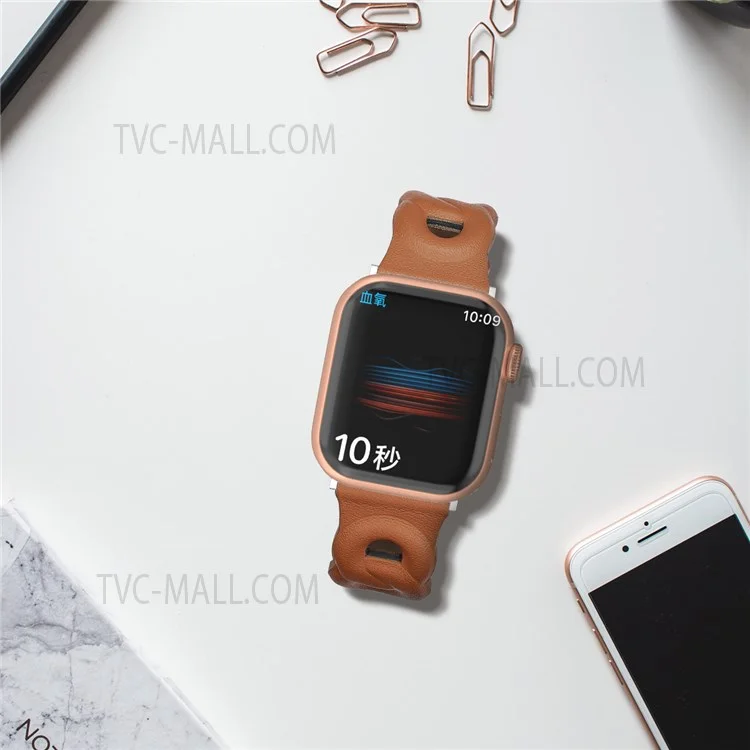 Pour Apple Watch Series 10 46mm / Ultra 2 Ultra 49mm / 9 8 7 45mm / SE (2023) SE (2022) SE 6 5 4 44mm / 3 2 1 42mm  Dual Ring Design Genuine Leather Smart Watch Band Replacement Strap - Marron