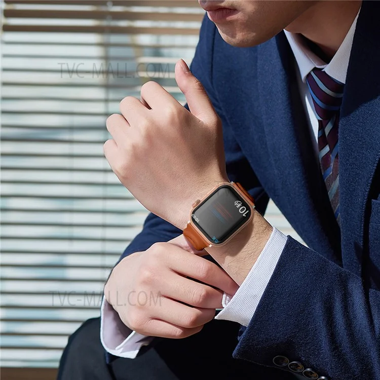 Pour Apple Watch Series 10 46mm / Ultra 2 Ultra 49mm / 9 8 7 45mm / SE (2023) SE (2022) SE 6 5 4 44mm / 3 2 1 42mm  Dual Ring Design Genuine Leather Smart Watch Band Replacement Strap - Marron