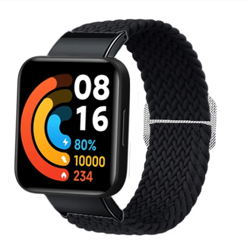 Pour Xiaomi Redmi Watch 2 Remplacement Bracelet de Montre Tressé en Nylon Élastique Bracelet de Montre Intelligente avec Connecteur en Métal - Noir
