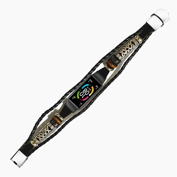Für Huawei Band 6/Honor Band 6 ethnisches Perlenersatz-Uhrenarmband, Retro-Armband - Schwarz