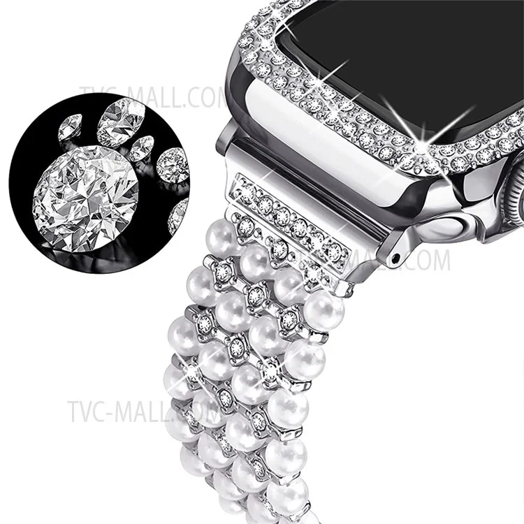 For Apple Watch Series 3/2/1 42mm Faux Pearl Rhinestone Decor Metal Watch Strap Band + Hard PC Watch Case - Silver