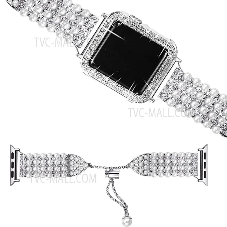 For Apple Watch Series 3/2/1 42mm Faux Pearl Rhinestone Decor Metal Watch Strap Band + Hard PC Watch Case - Silver