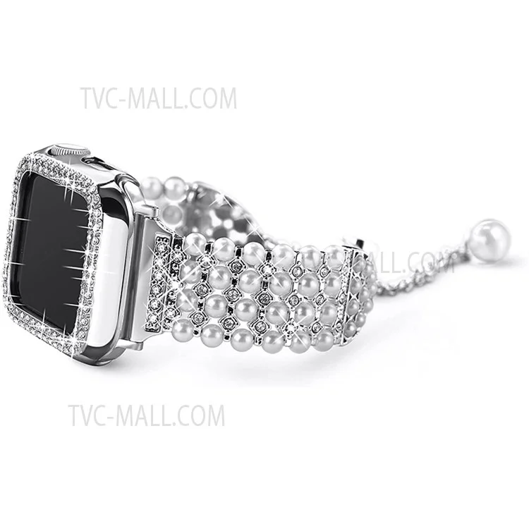 For Apple Watch Series 3/2/1 42mm Faux Pearl Rhinestone Decor Metal Watch Strap Band + Hard PC Watch Case - Silver