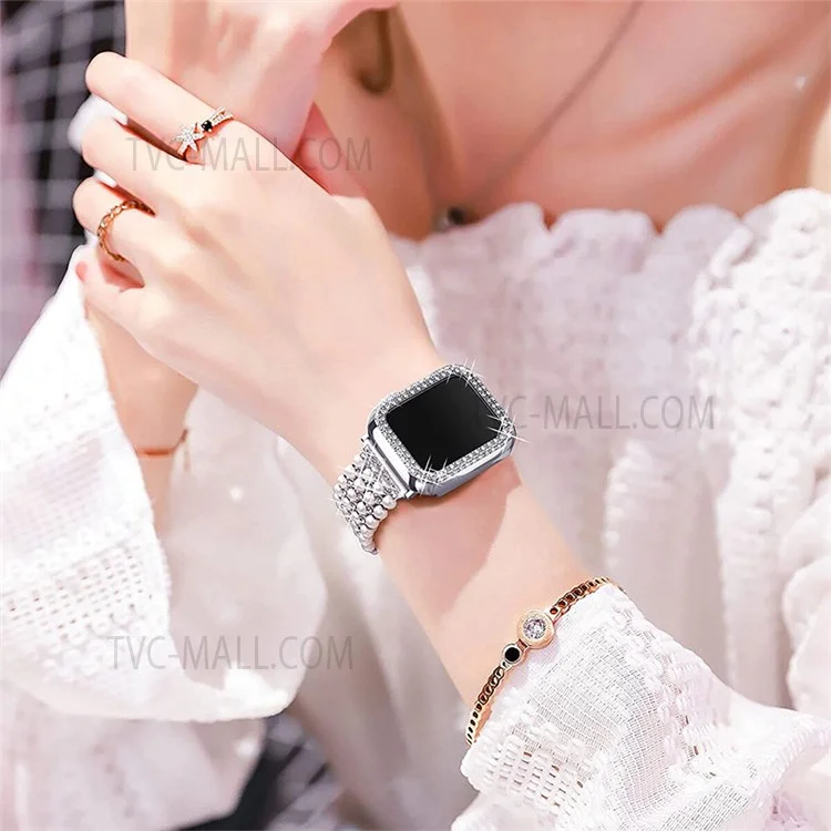 For Apple Watch Series 3/2/1 42mm Faux Pearl Rhinestone Decor Metal Watch Strap Band + Hard PC Watch Case - Silver