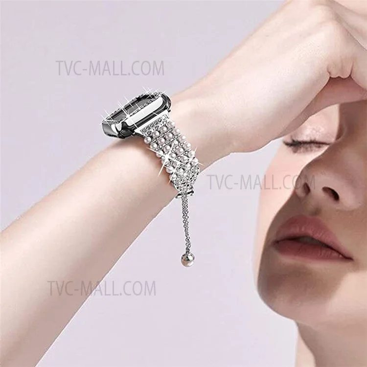 For Apple Watch Series 3/2/1 42mm Faux Pearl Rhinestone Decor Metal Watch Strap Band + Hard PC Watch Case - Silver