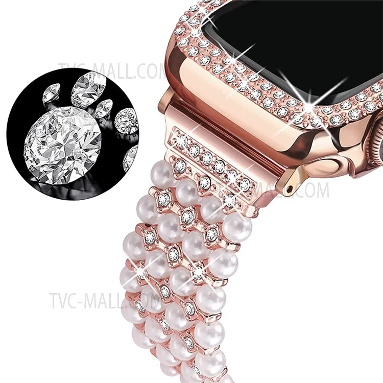 Pour Apple Watch Series 3/2/1 42 mm, bracelet en métal avec perle et strass, design à cordon coulissant, boîtier PC ajouré - Or rose