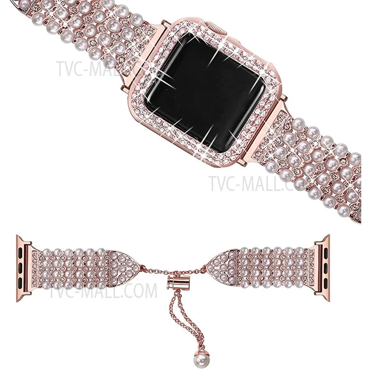 Pour Apple Watch Series 3/2/1 42 mm, bracelet en métal avec perle et strass, design à cordon coulissant, boîtier PC ajouré - Or rose