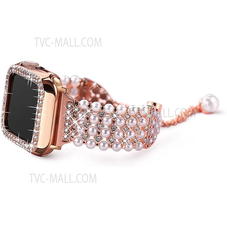 Pour Apple Watch Series 3/2/1 42 mm, bracelet en métal avec perle et strass, design à cordon coulissant, boîtier PC ajouré - Or rose