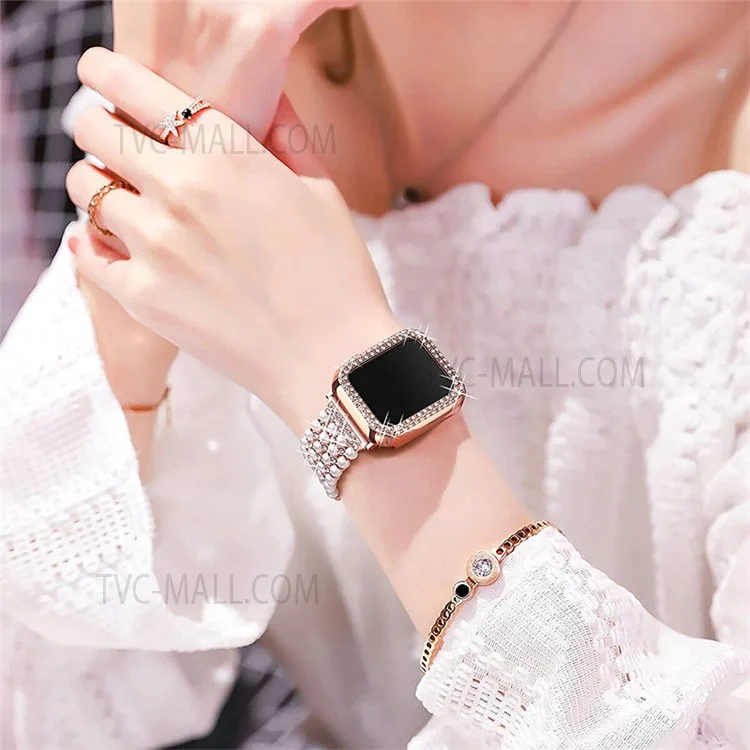 Pour Apple Watch Series 3/2/1 42 mm, bracelet en métal avec perle et strass, design à cordon coulissant, boîtier PC ajouré - Or rose