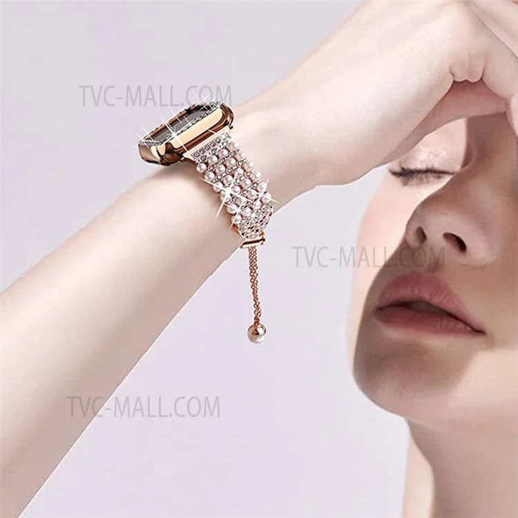 Pour Apple Watch Series 3/2/1 42 mm, bracelet en métal avec perle et strass, design à cordon coulissant, boîtier PC ajouré - Or rose