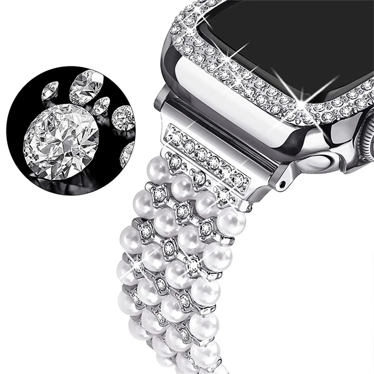 Para Apple Watch Se/série 6/5/4 44mm Representação Banda de Relógio Faux Pearl Rhinestone Metal Strap + Proteção PC Watch Case - Prata