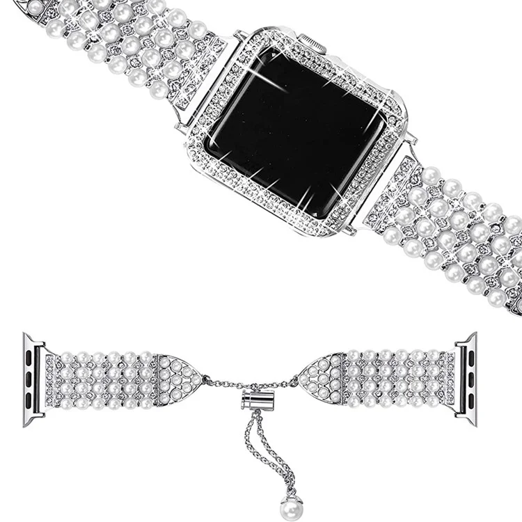 Para Apple Watch Se/série 6/5/4 44mm Representação Banda de Relógio Faux Pearl Rhinestone Metal Strap + Proteção PC Watch Case - Prata