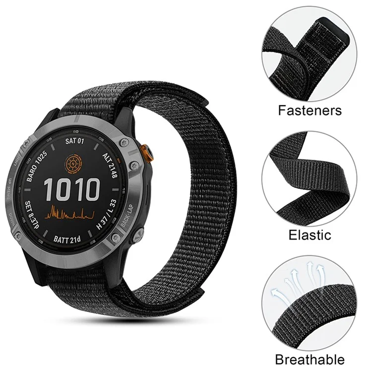 For Garmin Fenix 6 / Samsung Galaxy Watch3 45mm / Watch 46mm Adjutable Nylon Loop Fastener Smart Watch Band Replacement Strap 22mm - Black