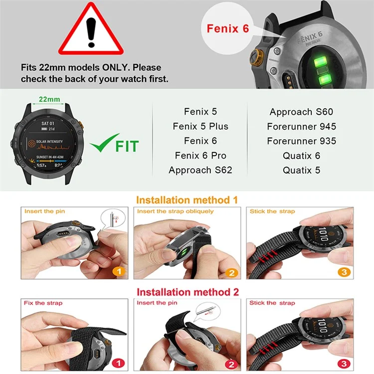 For Garmin Fenix 6 / Samsung Galaxy Watch3 45mm / Watch 46mm Adjutable Nylon Loop Fastener Smart Watch Band Replacement Strap 22mm - Black