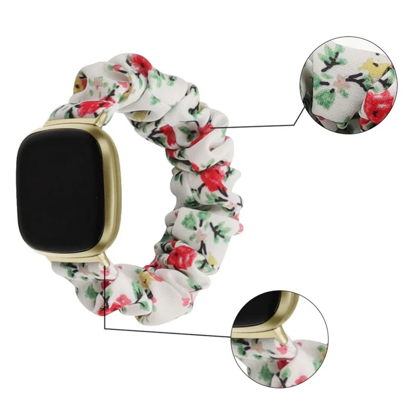 For Fitbit Versa/Versa 2/Versa Lite Elastic Watch Strap Hair Band Printed Fabric 22mm Watch Band Replacement Part - White/Red Flower
