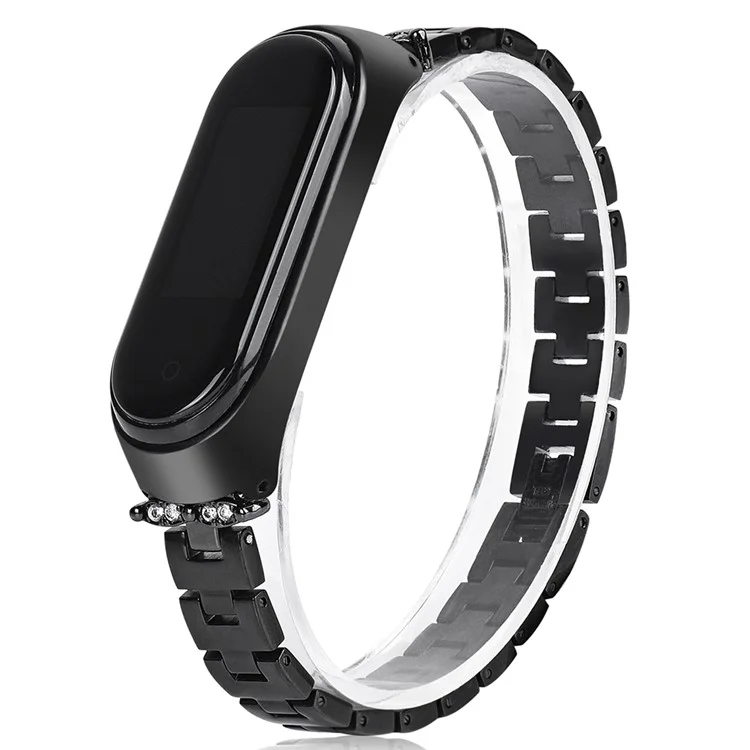 For Xiaomi Mi Band 3/4 Bling Rhinestone Decorative Smart Watch Stainless Steel Chain Watch Strap Metal Watchband - Black